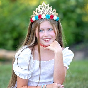 NEU 4. Juli Patriotische Rot Weiß & Blau Tiara Spitzenkrone mit Blumen Gedenktag Unabhängigkeitstag Rocket Pop Freiheit Bild 5