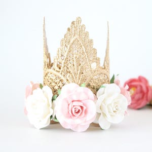 Princess Pet Birthday Crown Gold Lace Crown for Dogs and Cats Adeline Pup Crown Photo Prop Birthday Party Princess Crown Flowers image 1