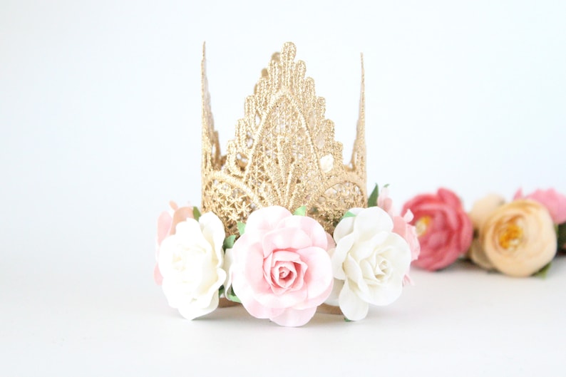 Princess Pet Birthday Crown Gold Lace Crown for Dogs and Cats Adeline Pup Crown Photo Prop Birthday Party Princess Crown Flowers image 1