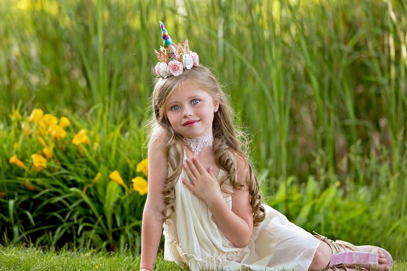 Birthday Flower Unicorn Headband Unicrown Gold Rainbow Pink White Unicorn Headband Photogrpphy Prop Cake Smash image 6