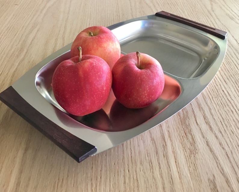 Mid Century Danish Modern Stainless Steel Divided Tray with Wood Handles