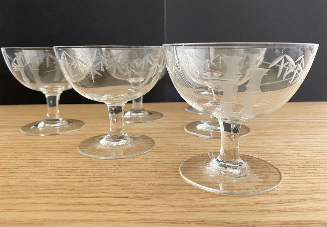 Bamboo Etched Vintage Coupe Glasses Set of 4 or 6 by