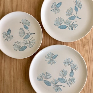 Blue Spruce dinner plate, pie plate, salad plate by Stetson blue and gray pine cones and needles mid century sold individually