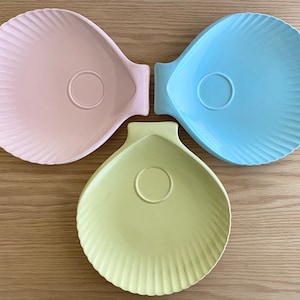 1950s Taylor Treats Pebbleford shell snack plates in yellow, pink and blue by Taylor Smith Taylor sold individually
