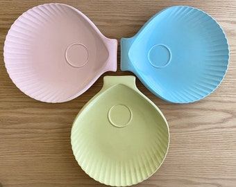 1950s Taylor Treats Pebbleford shell snack plates in yellow, pink and blue by Taylor Smith Taylor sold individually