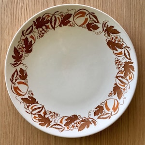 Royal China Bountiful pattern dinner plates from early 1960s tan and orange fruit pattern sold individually