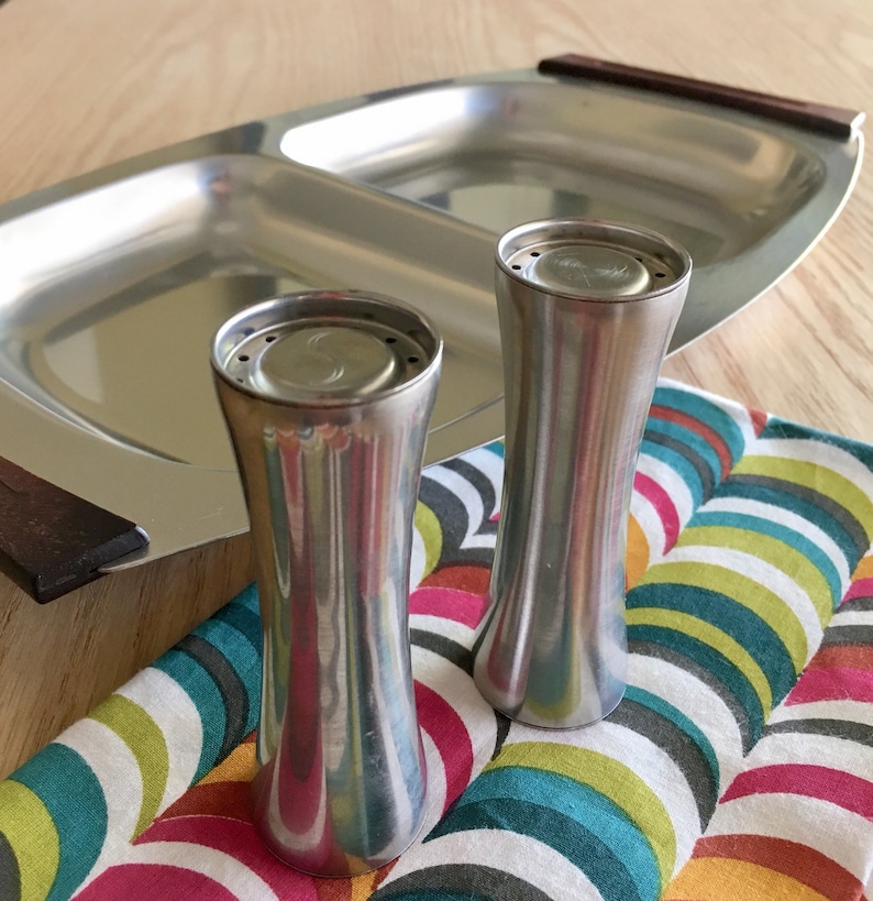 Mid Century Danish Modern Stainless Steel Divided Tray with Wood Handles