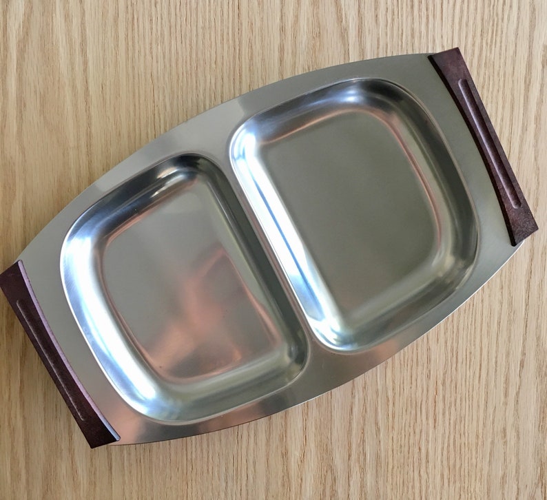 Mid Century Danish Modern Stainless Steel Divided Tray with Wood Handles