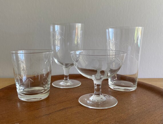 Bamboo Etched Vintage Coupe Glasses Set of 4 or 6 by