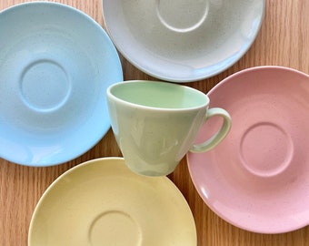 1950s Pebbleford replacement pieces in Sunburst Yellow, Celery, Mint Green, blue and pink saucers and cups by Taylor Smith sold individually