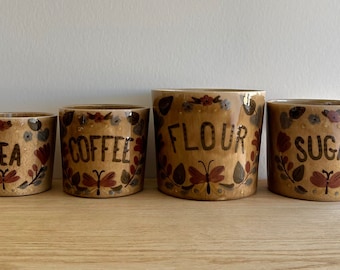 Vintage Cleminson’s pottery flour, sugar, coffee, and tea canisters sold individually no lids