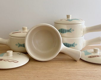 La Solana individual casserole dishes with aqua and brown fish and kitchen utensil pattern sold individually