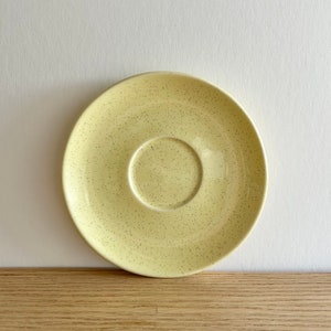 Puede incluir: Un platillo amarillo con un patrón moteado. El platillo está hecho de cerámica y tiene un ligero borde alrededor del borde.