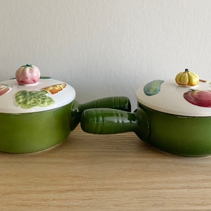 Vintage casserole dishes with vegetable relief and finial by Del Coronado set of 2