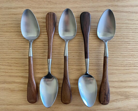 Wood Vogue Stainless Flatware Soup Spoons by Stanley Roberts Mid