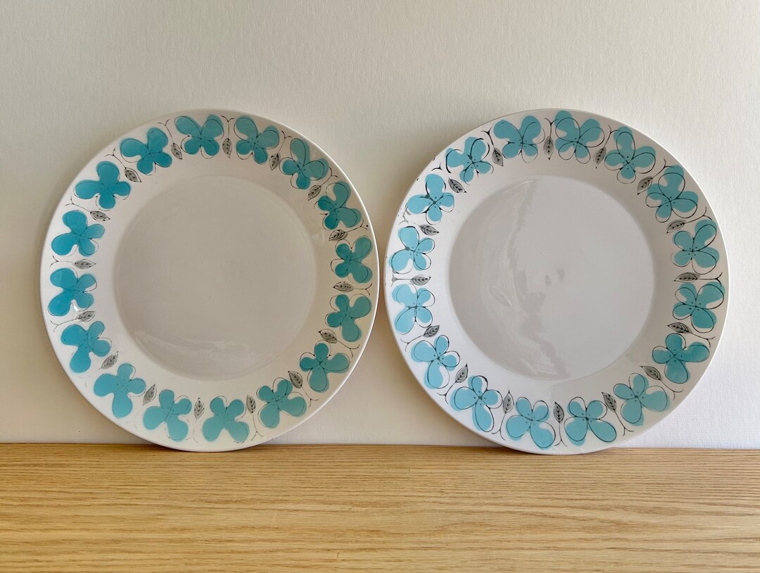 Spring Garland Permastone Aqua and Grey Flowers Dinner Plates by Sango ...