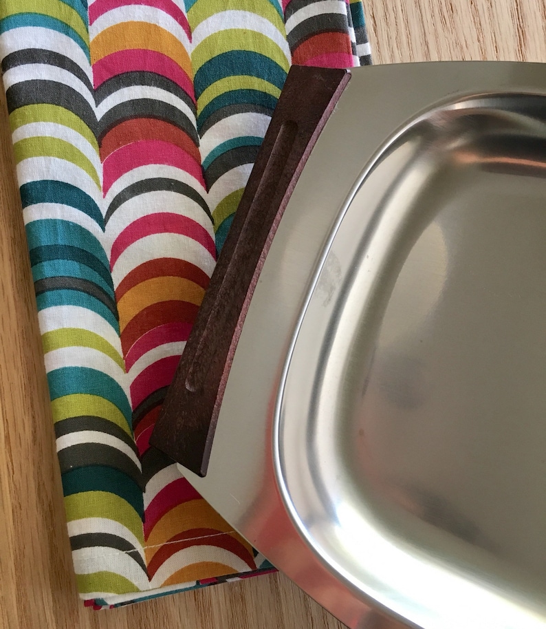 Mid Century Danish Modern Stainless Steel Divided Tray with Wood Handles