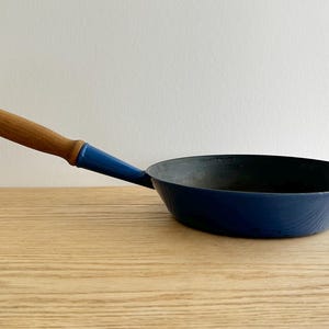 Vintage Blue Le Creuset cast iron skillet 24 with wood handle made in France