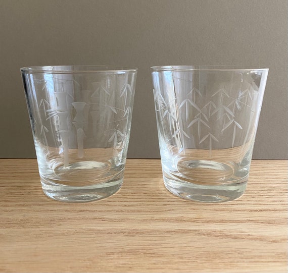 Vintage Etched Bamboo Pattern Double Old Fashioned Glasses Set Etsy