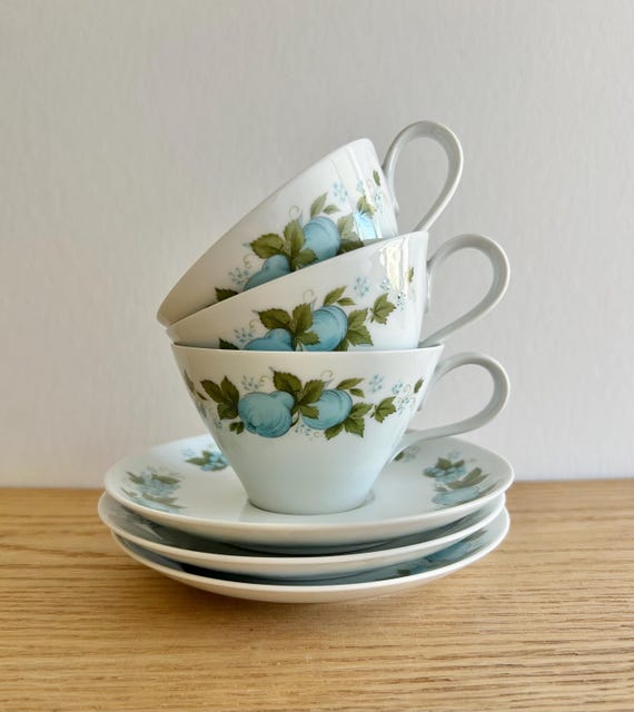 Noritake Blue Orchard Cook N Serve China Cups & Saucers Set of 3