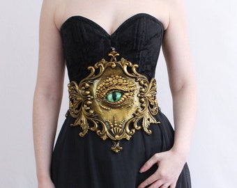 Gold Dragon Eye Filigree Belt: Steampunk Baroque Latex Belt