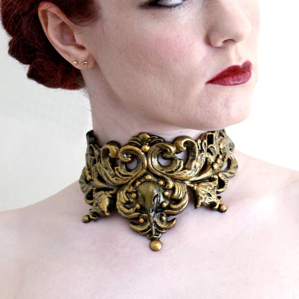 Gold Filigree Latex Rubber Choker Collar Necklace with Bird Skull Steampunk Gothic Elf Baroque Victorian