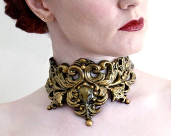 Gold Filigree Latex Rubber Choker Collar Necklace with Bird Skull Steampunk Gothic Elf Baroque Victorian