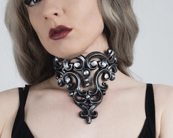 Silver Latex Choker Necklace Collar Elegant Metal Look Elf Victorian Goth