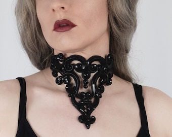 Jet Black Latex Choker Necklace Collar Elegant Gothic Elf Victorian