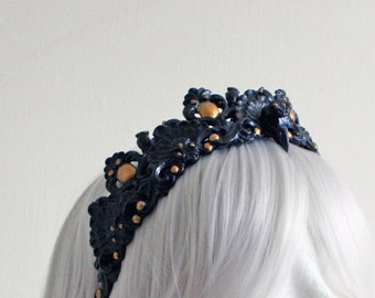 Black Rubber Latex Wrought Iron Gothic Steampunk Alternative Fairy Skull Baroque Dark Elf Crown Headdress