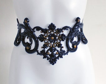 Black Filigree Rubber Latex Wrought Iron Belt Steampunk Gothic Fairy Elf Baroque Victorian