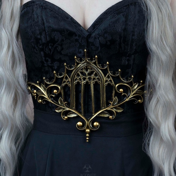 Gold Latex Gothic Cathedral Arch Window Underbust Belt with Filigree