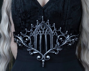 Silver Latex Gothic Cathedral Arch Window Underbust Belt with Filigree