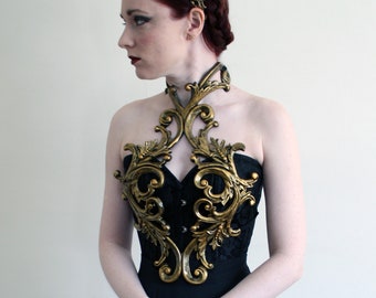 Gold Filigrane Metallic Gummi Latex verzierten Harness Brustpanzer Brustpanzer Gothic Faerie Elfe Barock Fantasy Steampunk