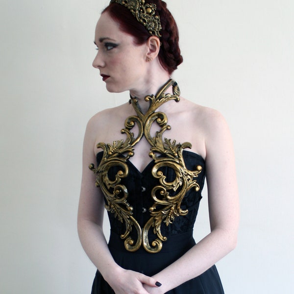 Gold Filigree Metallic Rubber Latex Ornate Harness Breastplate Chest piece Armour Gothic Faerie Elf Baroque Fantasy Steampunk