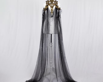 Gold Latex Cape Harness with Beaded Black Tulle Cloak