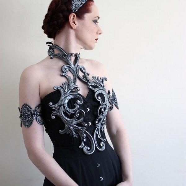 Silver Filigree Metallic Rubber Latex Ornate Harness Breastplate Chest piece Armour Gothic Faerie Elf Baroque Fantasy