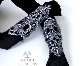 Silver Filigree Latex Bracers Metallic Rubber Gothic Fairy Fantasy Elf Baroque Armour Cuff Bracelet