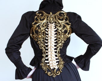 Gold & Bone Effect Spine Metallic Latex Rubber Filigree Back Piece Armour Harness Steampunk Gothic Fantasy Skeleton