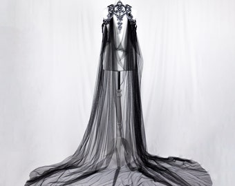 Silver Latex Harness with Black Tulle Cape: Gothic Wedding Veil