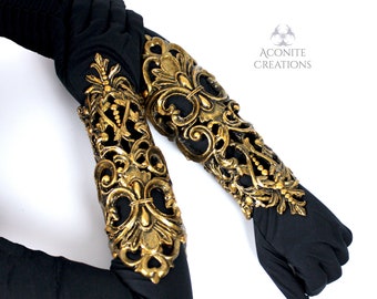 Gold Filigree Latex Bracers Metallic Rubber Gothic Steampunk Fairy Fantasy Elf Baroque Armour Cuff Bracelet