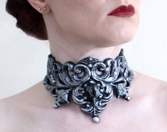 Silver Filigree Latex Rubber Choker Collar Necklace with Bird Skull Steampunk Gothic Elf Baroque Victorian