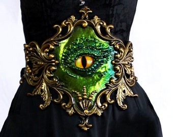 Green Blue Iridescent Latex Beetle Wing Dragon Eye Filigree Belt with Gold Baroque Frame