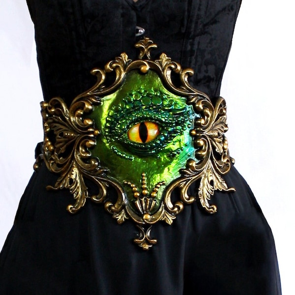 Green Blue Iridescent Latex Beetle Wing Dragon Eye Filigree Belt with Gold Baroque Frame