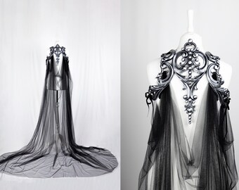 Silver Latex Harness with Long Black Tulle Cape Veil for a Romantic Gothic Wedding or Event