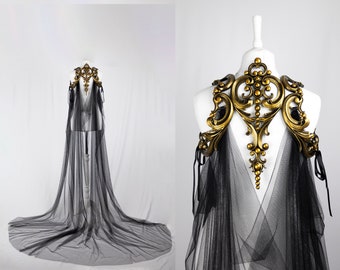 Gold Latex Harness with Long Black Tulle Cape Veil for a Romantic Gothic Wedding or Event
