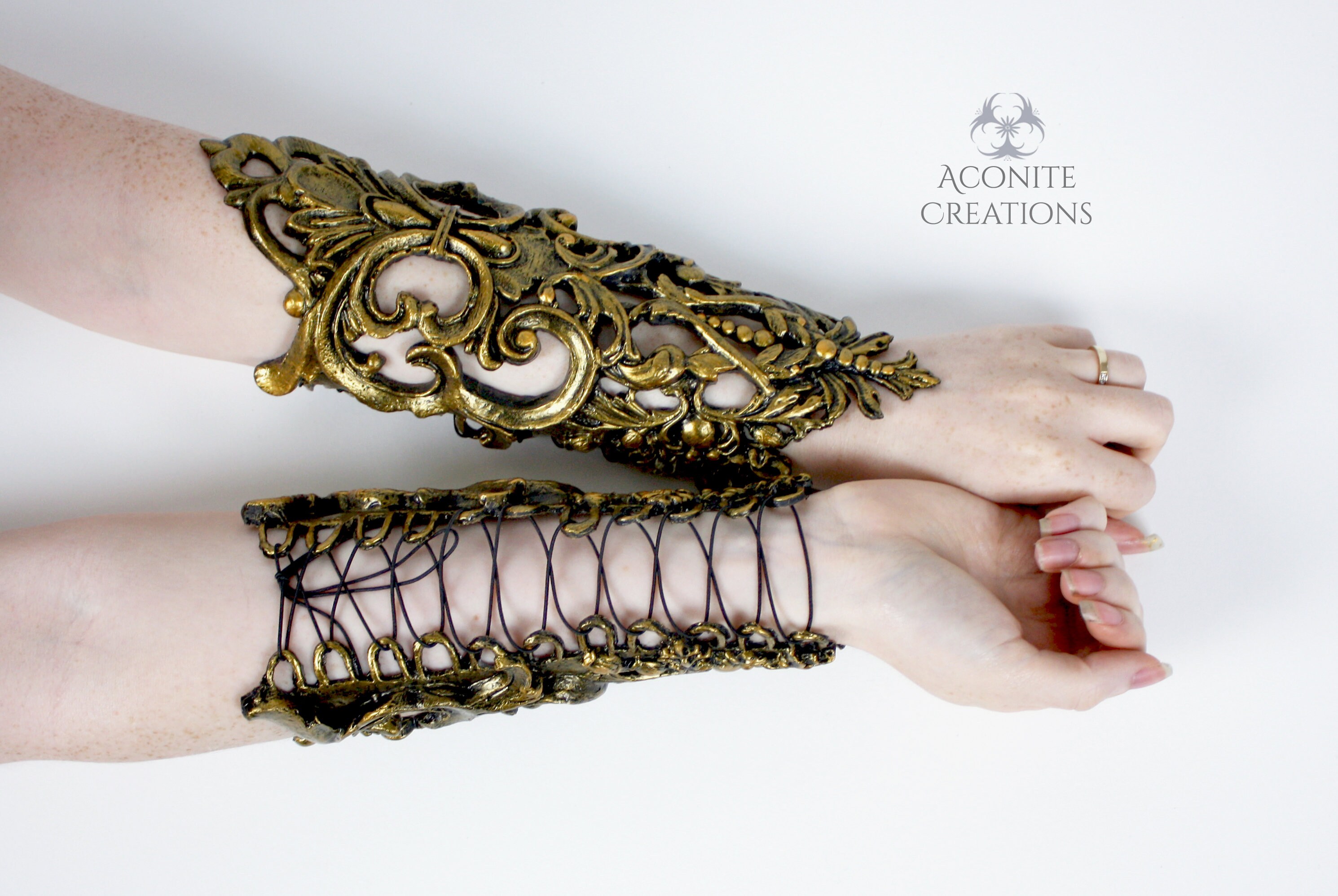 Gold Filigree Latex Bracers Metallic Rubber Gothic Steampunk