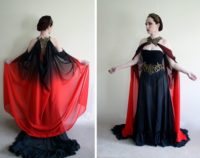 Red and Black Cape Chiffon Cloak With Metallic Gold Rubber Latex Collar ...