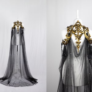 Gold Latex Cape Harness with Beaded Black Tulle Cloak