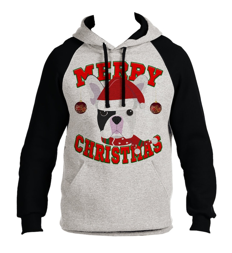 Merry Christmas French Bulldog Men/'s Raglan Hoodie Grayblack All size S-3XL B1478